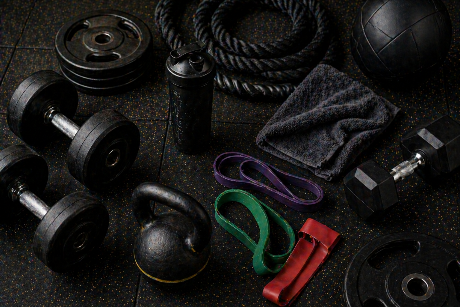 Akhara Strength equipment overview — dumbbells, kettlebells, plates, ropes, bands