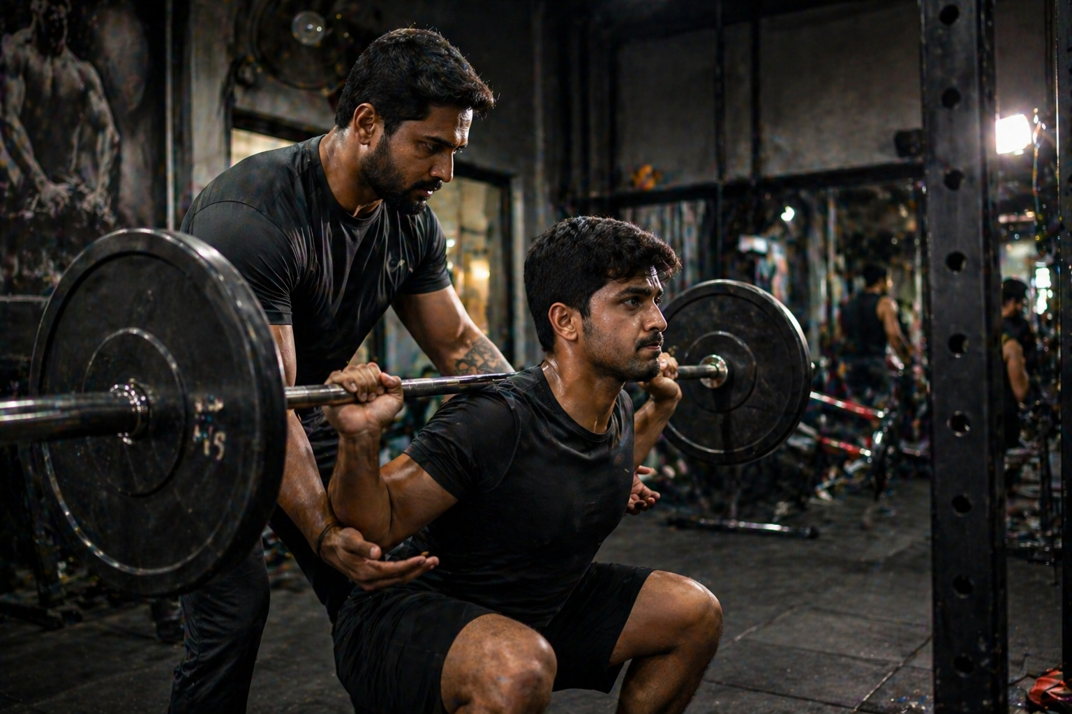 Coach spotting a member on a back-squat — Akhara Strength
